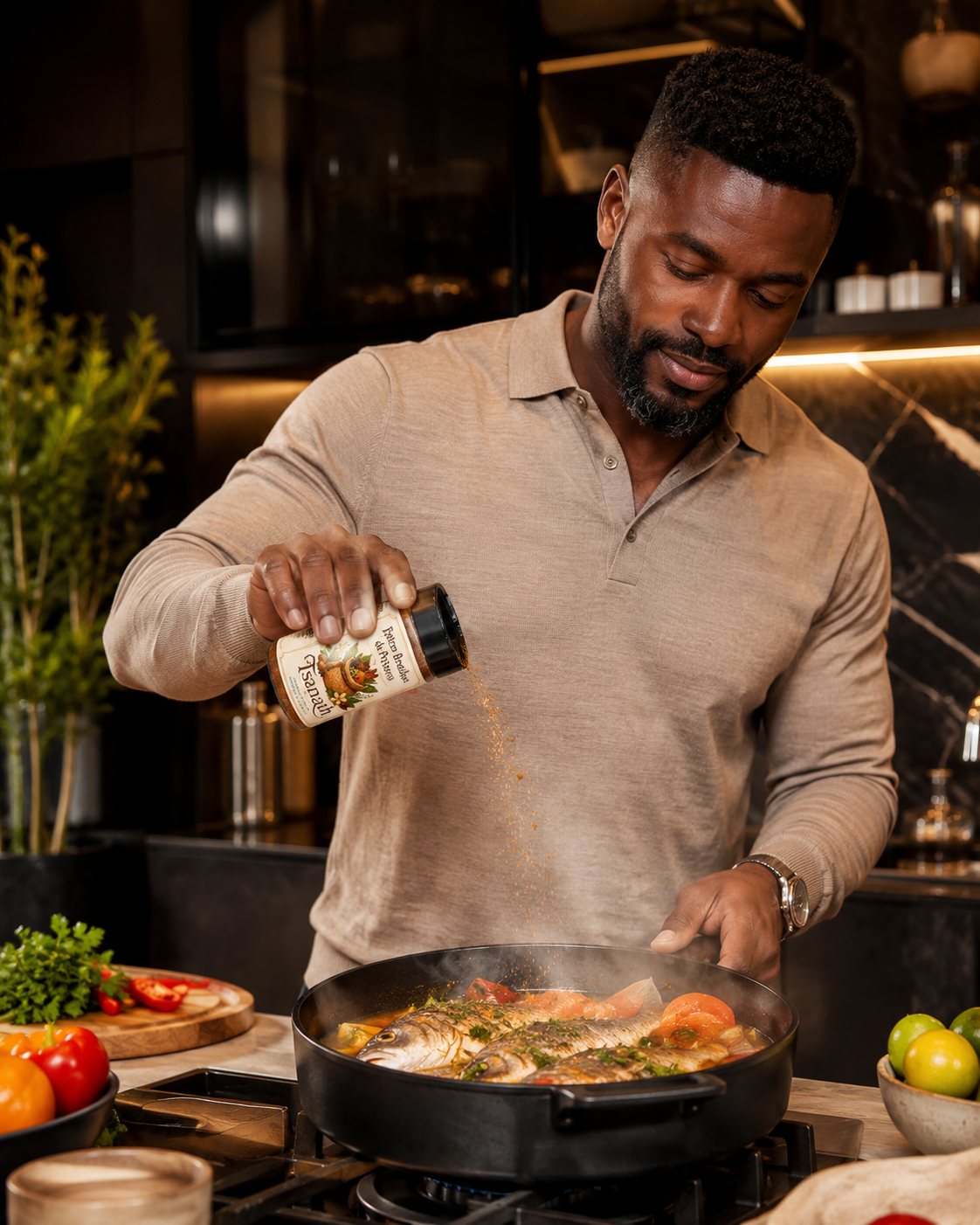 Chef assaisonnant un plat de poisson avec une épice Tsanath